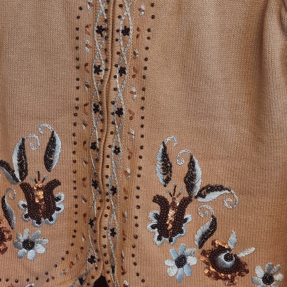 Storybook zip sweater highly detailed beading trim beige tan medium - Picture 2 of 5